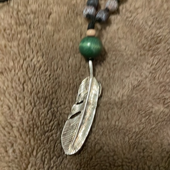 Handmade Long Bohemian Beaded Necklace w Silvertone Feather Centre Drop Charm - Picture 2 of 4
